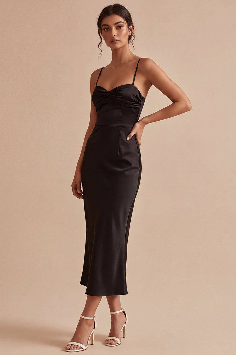 Laden Sie das Bild in den Galerie-Viewer, Spaghetti-Träger mit gerafftem Meerjungfrauen-Midi-Black-Tie-Kleid