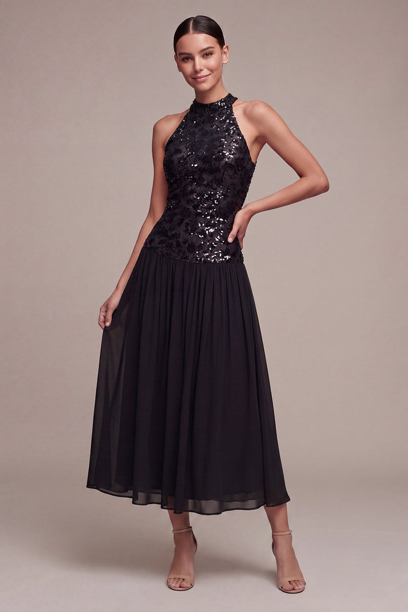 Laden Sie das Bild in den Galerie-Viewer, Glitzerndes High-Neck-Kleid mit einer langen Black-Tie-Linie und Pailletten