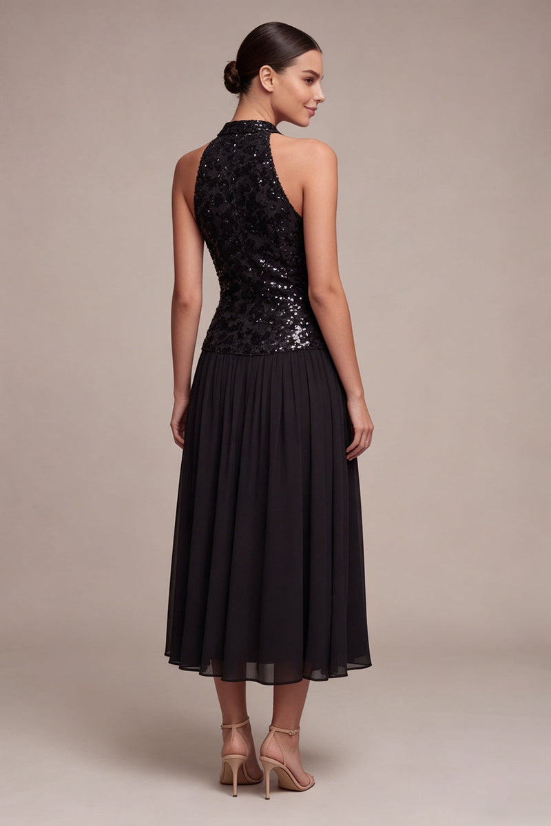 Laden Sie das Bild in den Galerie-Viewer, Glitzerndes High-Neck-Kleid mit einer langen Black-Tie-Linie und Pailletten