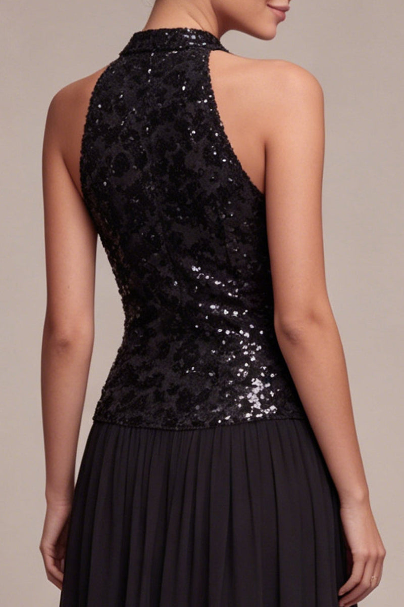 Laden Sie das Bild in den Galerie-Viewer, Glitzerndes High-Neck-Kleid mit einer langen Black-Tie-Linie und Pailletten
