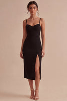 Laden Sie das Bild in den Galerie-Viewer, Black Bodycon Midi Spaghetti Träger Festliches Kleid mit Schlitz