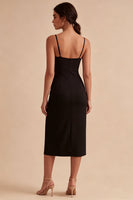 Laden Sie das Bild in den Galerie-Viewer, Black Bodycon Midi Spaghetti Träger Festliches Kleid mit Schlitz
