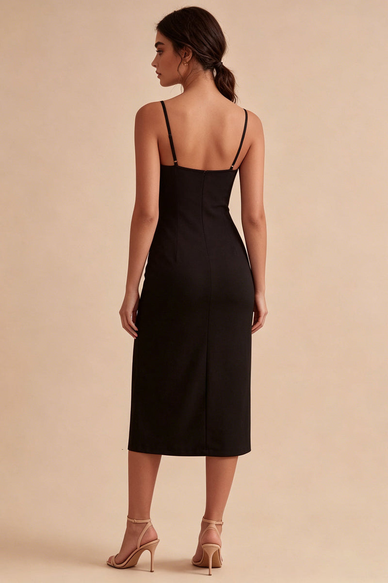 Laden Sie das Bild in den Galerie-Viewer, Black Bodycon Midi Spaghetti Träger Festliches Kleid mit Schlitz