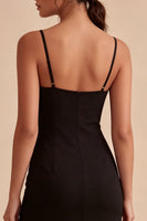 Laden Sie das Bild in den Galerie-Viewer, Black Bodycon Midi Spaghetti Träger Festliches Kleid mit Schlitz