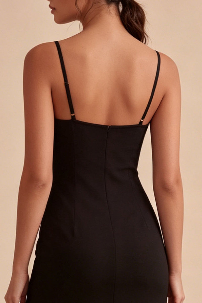Laden Sie das Bild in den Galerie-Viewer, Black Bodycon Midi Spaghetti Träger Festliches Kleid mit Schlitz