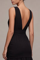Laden Sie das Bild in den Galerie-Viewer, V-Ausschnitt mit gerafftem A-Linie Rückenloses Midi-Black-Tie-Kleid