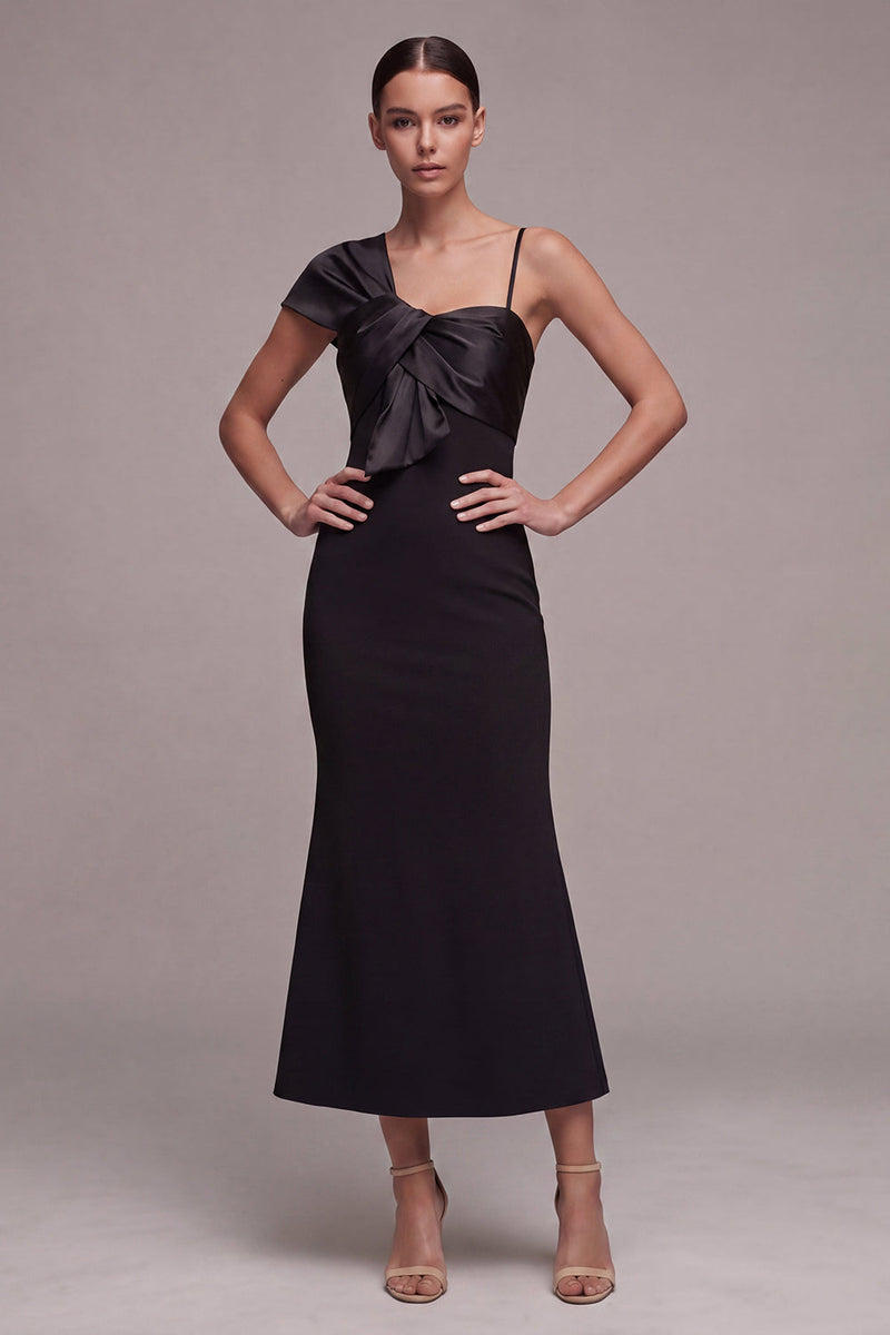 Laden Sie das Bild in den Galerie-Viewer, Meerjungfrauen-Spaghettiträger Midi Black-Tie-Kleid mit Schleife