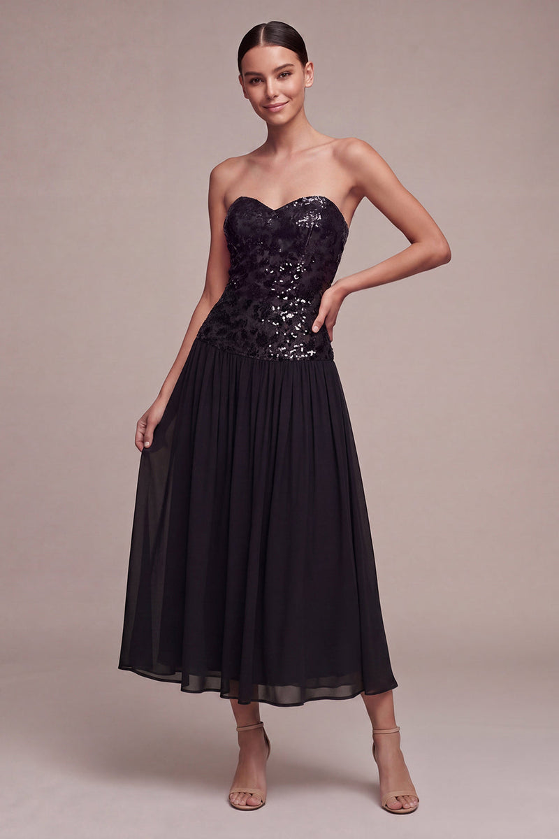 Laden Sie das Bild in den Galerie-Viewer, Glitzerndes trägerloses A-Line-Midi-Black-Tie-Kleid mit Pailletten