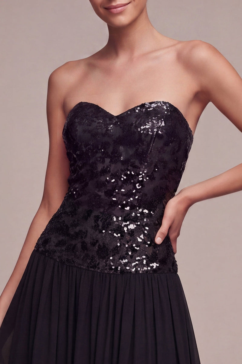 Laden Sie das Bild in den Galerie-Viewer, Glitzerndes trägerloses A-Line-Midi-Black-Tie-Kleid mit Pailletten