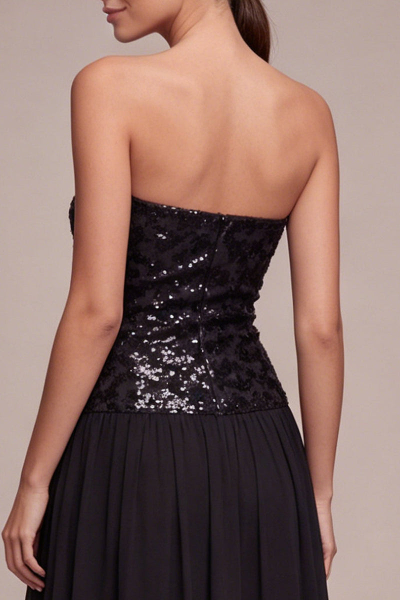 Laden Sie das Bild in den Galerie-Viewer, Glitzerndes trägerloses A-Line-Midi-Black-Tie-Kleid mit Pailletten