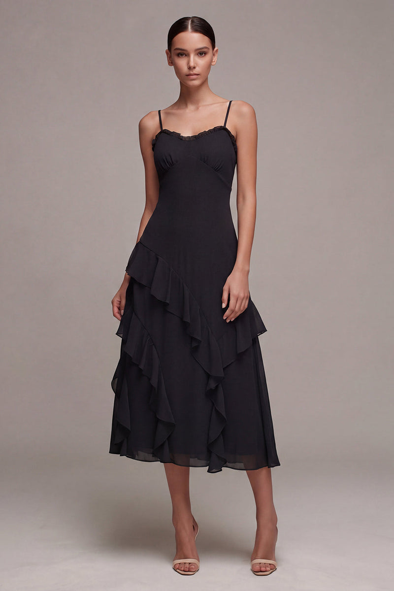 Laden Sie das Bild in den Galerie-Viewer, A Line Spaghetti-Träger Midi Schwarz-Krawatte-Kleid mit Rüschen