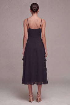 A Line Spaghetti-Träger Midi Schwarz-Krawatte-Kleid mit Rüschen