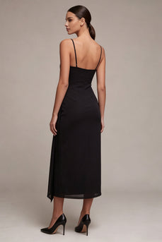 Sheathed Raped Spaghetti Träger Midi Black Tie Kleid