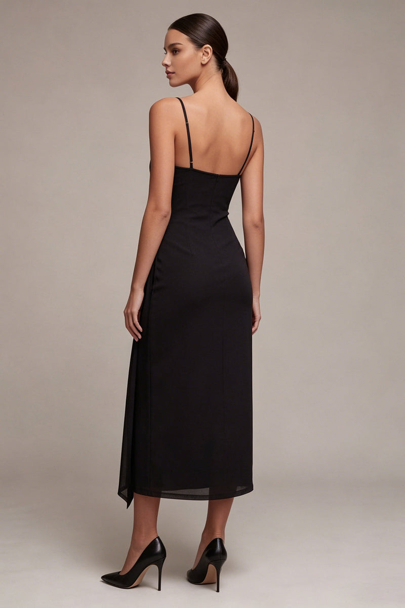 Laden Sie das Bild in den Galerie-Viewer, Sheathed Raped Spaghetti Träger Midi Black Tie Kleid