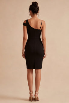 Schwarzes, einschulteriges, kurzes Bodycon-Festkleid mit Schlitz