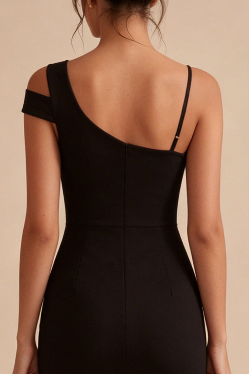 Laden Sie das Bild in den Galerie-Viewer, Schwarzes, einschulteriges, kurzes Bodycon-Festkleid mit Schlitz