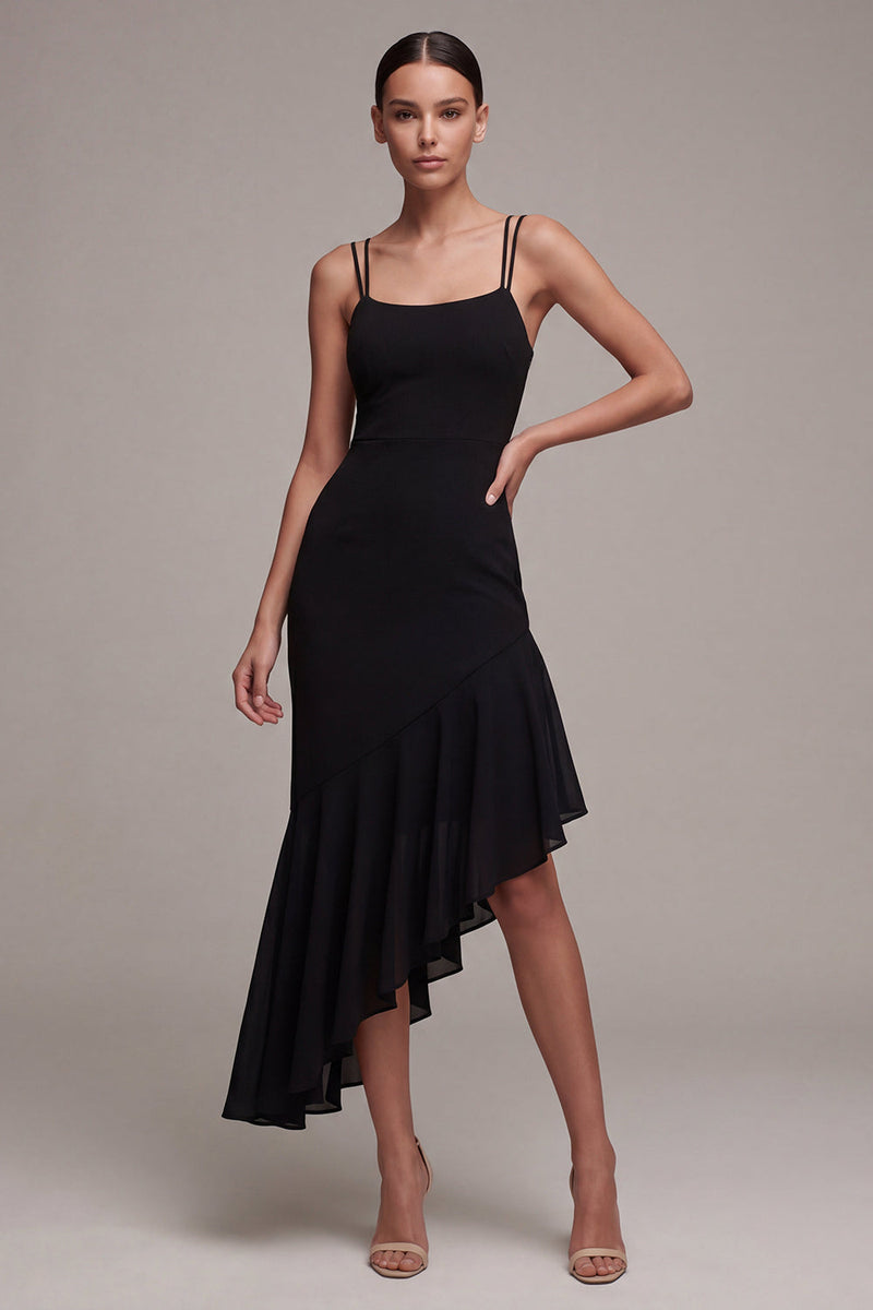 Laden Sie das Bild in den Galerie-Viewer, Schwarze Spaghettiträger Meerjungfrauen-Asymmetrisches Festliches Kleid mit Rüschen