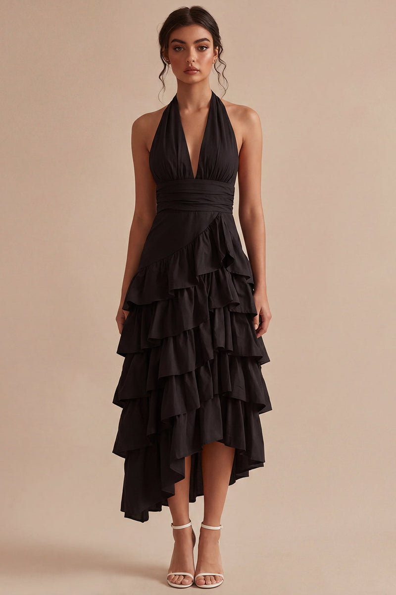 Laden Sie das Bild in den Galerie-Viewer, Schwarzes A-Linien-Neckholder, asymmetrisches gestuftes, rückenloses Festkleid mit Rüschen