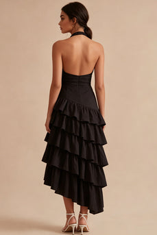 Schwarzes A-Linien-Neckholder, asymmetrisches gestuftes, rückenloses Festkleid mit Rüschen