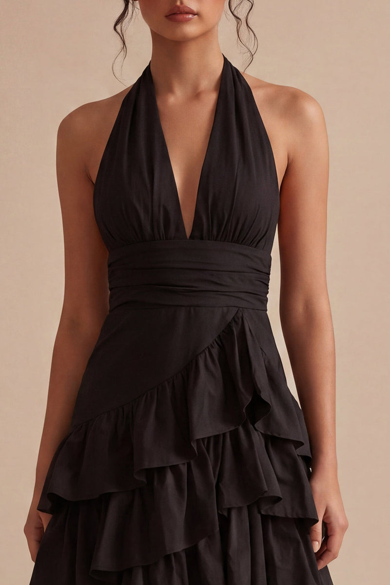 Laden Sie das Bild in den Galerie-Viewer, Schwarzes A-Linien-Neckholder, asymmetrisches gestuftes, rückenloses Festkleid mit Rüschen
