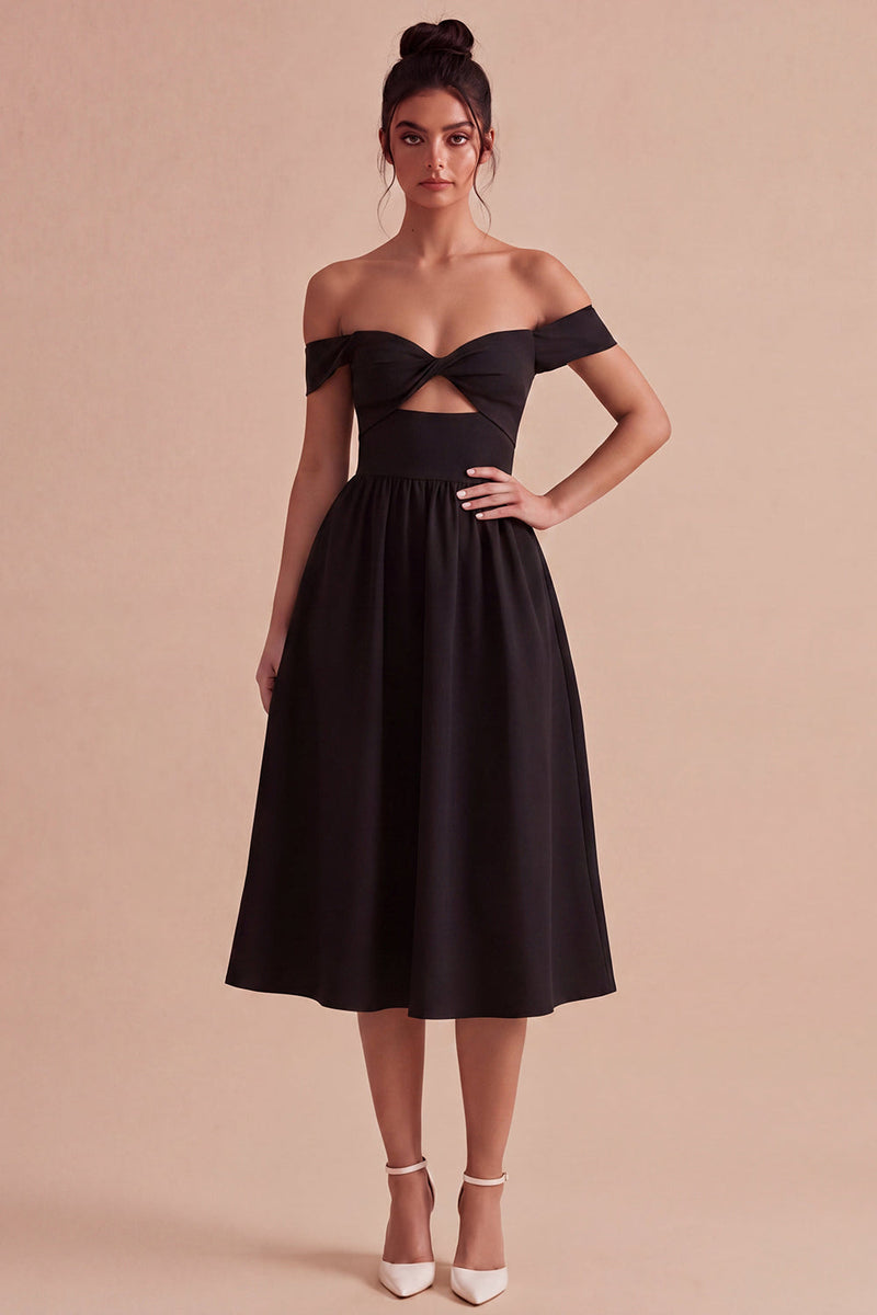 Laden Sie das Bild in den Galerie-Viewer, Schwarzes schulterfreies Schlüsselloch-Midi-A-Linien-Festkleid