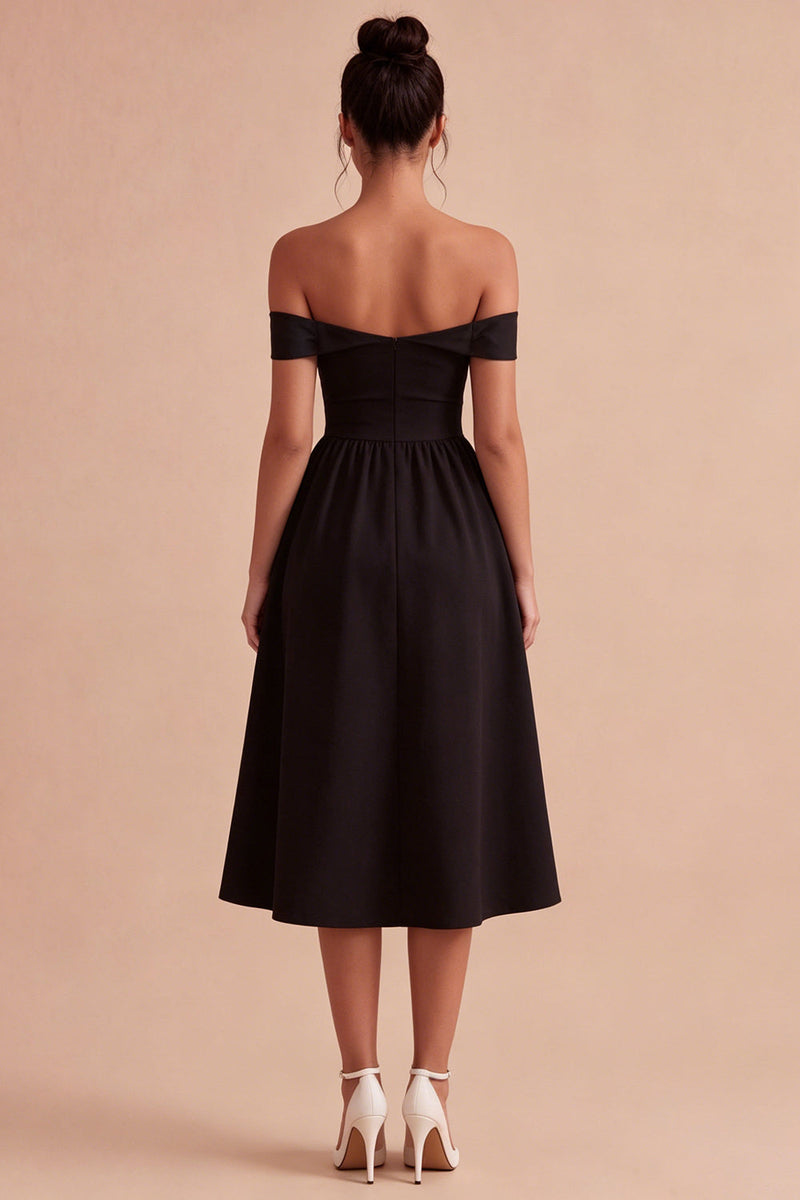 Laden Sie das Bild in den Galerie-Viewer, Schwarzes schulterfreies Schlüsselloch-Midi-A-Linien-Festkleid