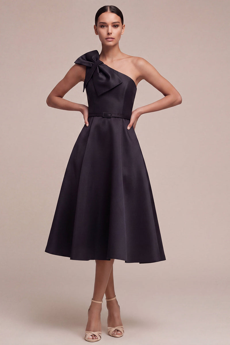 Laden Sie das Bild in den Galerie-Viewer, Schwarzes einschulteriges Midi-Festkleid mit Schleife