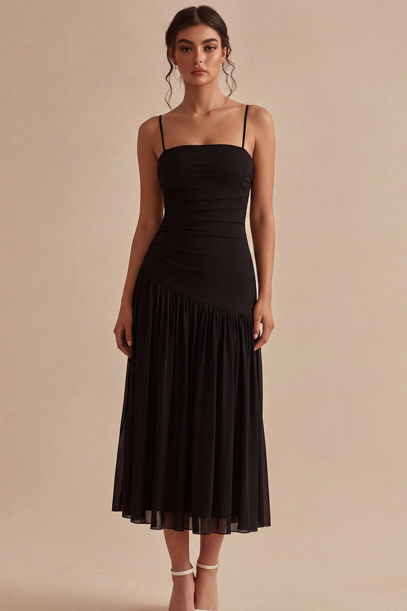 Laden Sie das Bild in den Galerie-Viewer, Schwarzes A-Linie mit gerafften Spaghettiträgern Midi-Festkleid