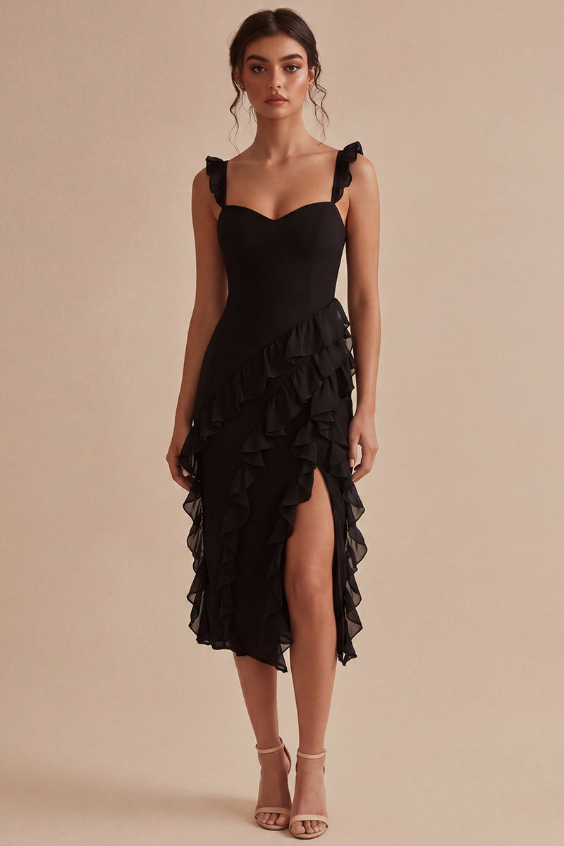 Laden Sie das Bild in den Galerie-Viewer, Schwarzes Midi-Festkleid mit Rüschen und dicken Trägern und Schlitz