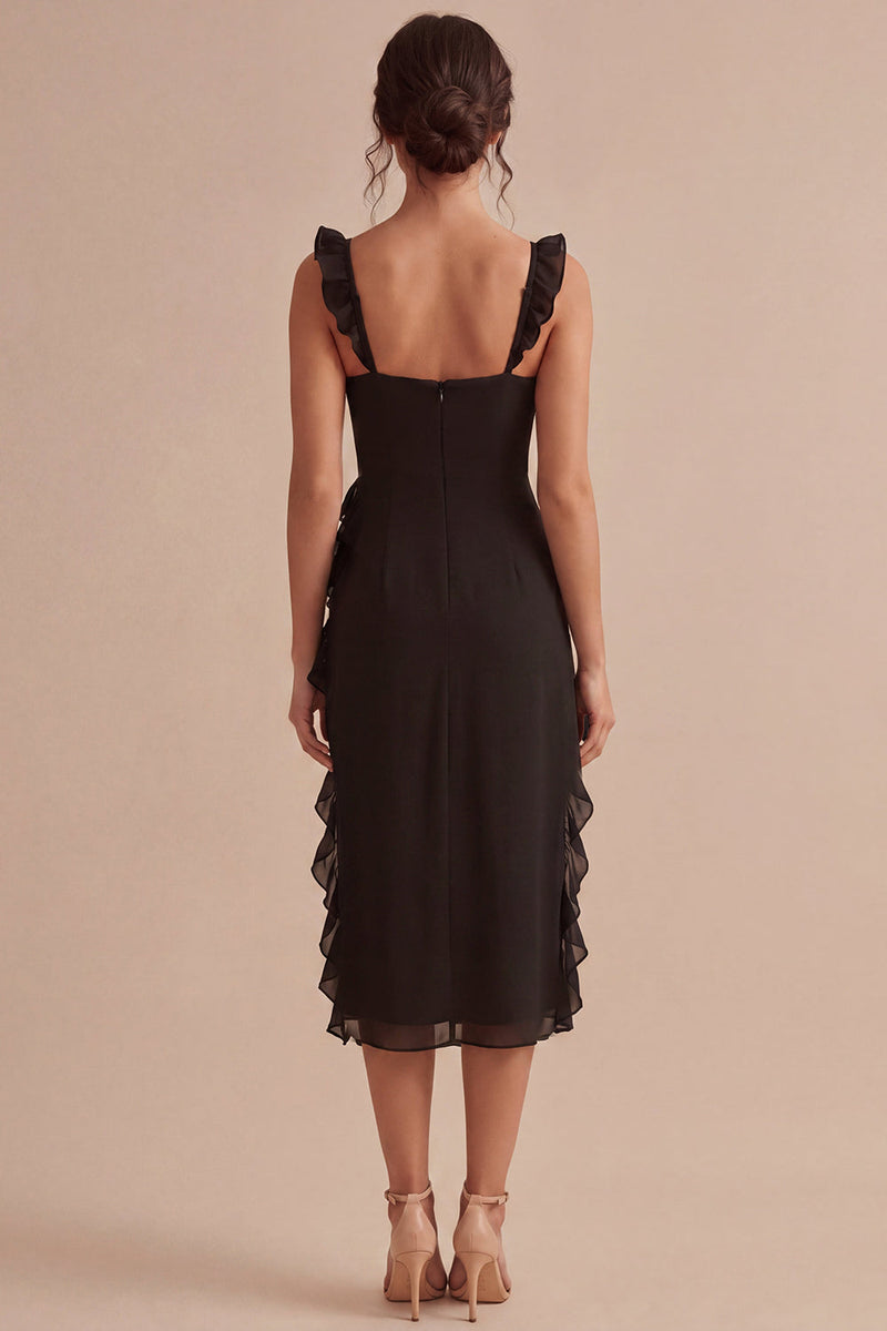 Laden Sie das Bild in den Galerie-Viewer, Schwarzes Midi-Festkleid mit Rüschen und dicken Trägern und Schlitz
