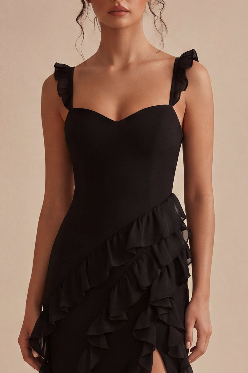 Laden Sie das Bild in den Galerie-Viewer, Schwarzes Midi-Festkleid mit Rüschen und dicken Trägern und Schlitz