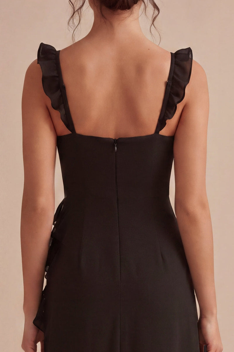 Laden Sie das Bild in den Galerie-Viewer, Schwarzes Midi-Festkleid mit Rüschen und dicken Trägern und Schlitz