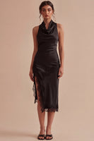 Laden Sie das Bild in den Galerie-Viewer, Rückenloses Neckholder-Midi-Schwarzes Meerjungfrauen-Festkleid mit Schlitz