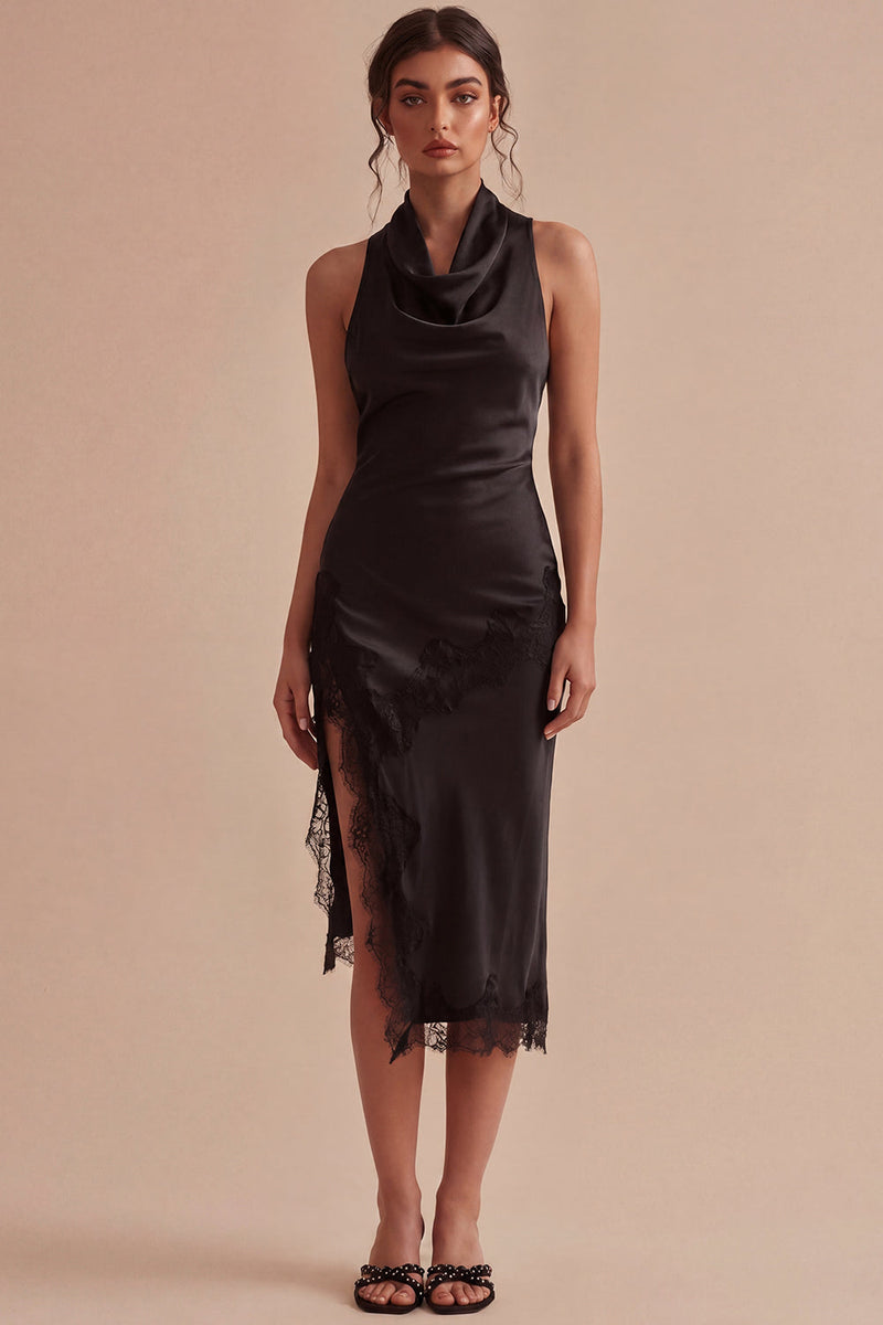 Laden Sie das Bild in den Galerie-Viewer, Rückenloses Neckholder-Midi-Schwarzes Meerjungfrauen-Festkleid mit Schlitz