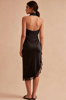 Laden Sie das Bild in den Galerie-Viewer, Rückenloses Neckholder-Midi-Schwarzes Meerjungfrauen-Festkleid mit Schlitz