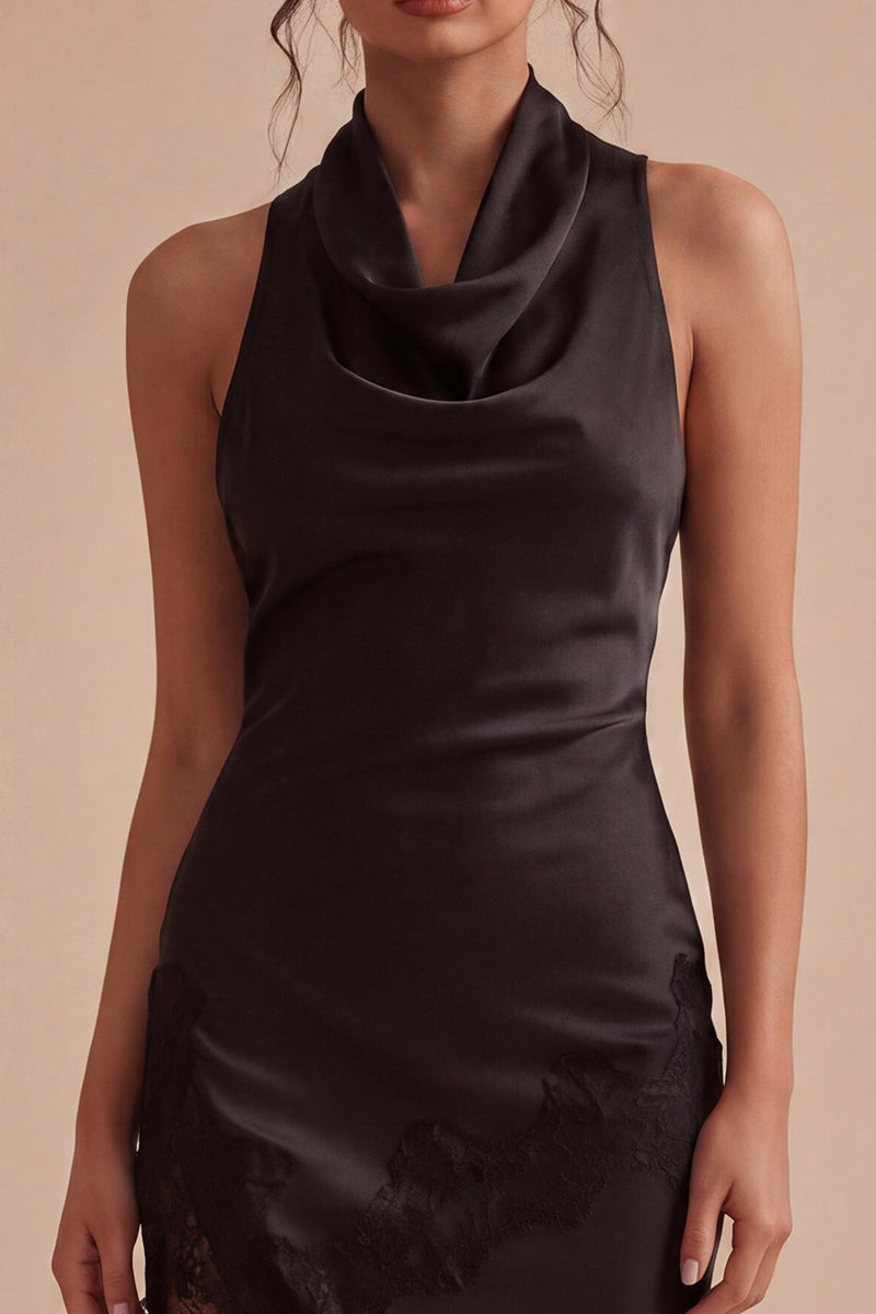 Laden Sie das Bild in den Galerie-Viewer, Rückenloses Neckholder-Midi-Schwarzes Meerjungfrauen-Festkleid mit Schlitz
