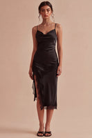 Laden Sie das Bild in den Galerie-Viewer, Schwarzes Bodycon Spaghettiträger Midi-Festkleid mit Schlitz