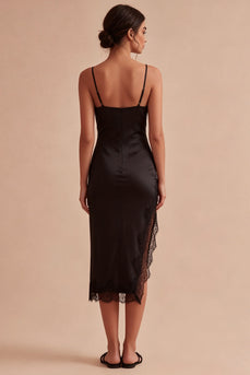 Schwarzes Bodycon Spaghettiträger Midi-Festkleid mit Schlitz