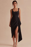 Laden Sie das Bild in den Galerie-Viewer, Schwarzes Scoop Bodycon Midi gerafftes Festkleid mit Schärpe