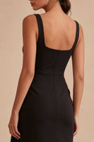 Laden Sie das Bild in den Galerie-Viewer, Schwarzes Scoop Bodycon Midi gerafftes Festkleid mit Schärpe