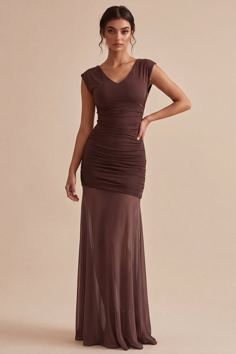 Laden Sie das Bild in den Galerie-Viewer, Braunes V-Ausschnitt, gerafftes langes Meerjungfrauen-Festkleid