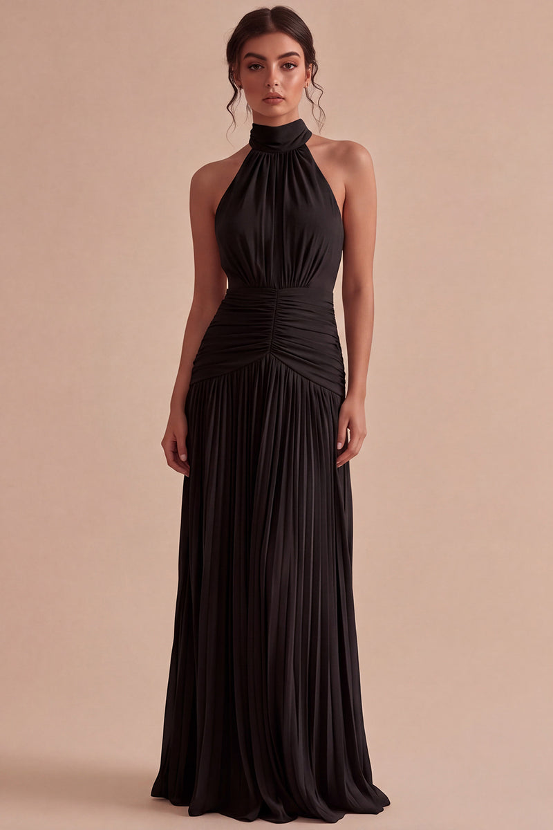 Laden Sie das Bild in den Galerie-Viewer, Dunkles Kaffee Halter Falten Langes A-Linien Rückenloses Festkleid