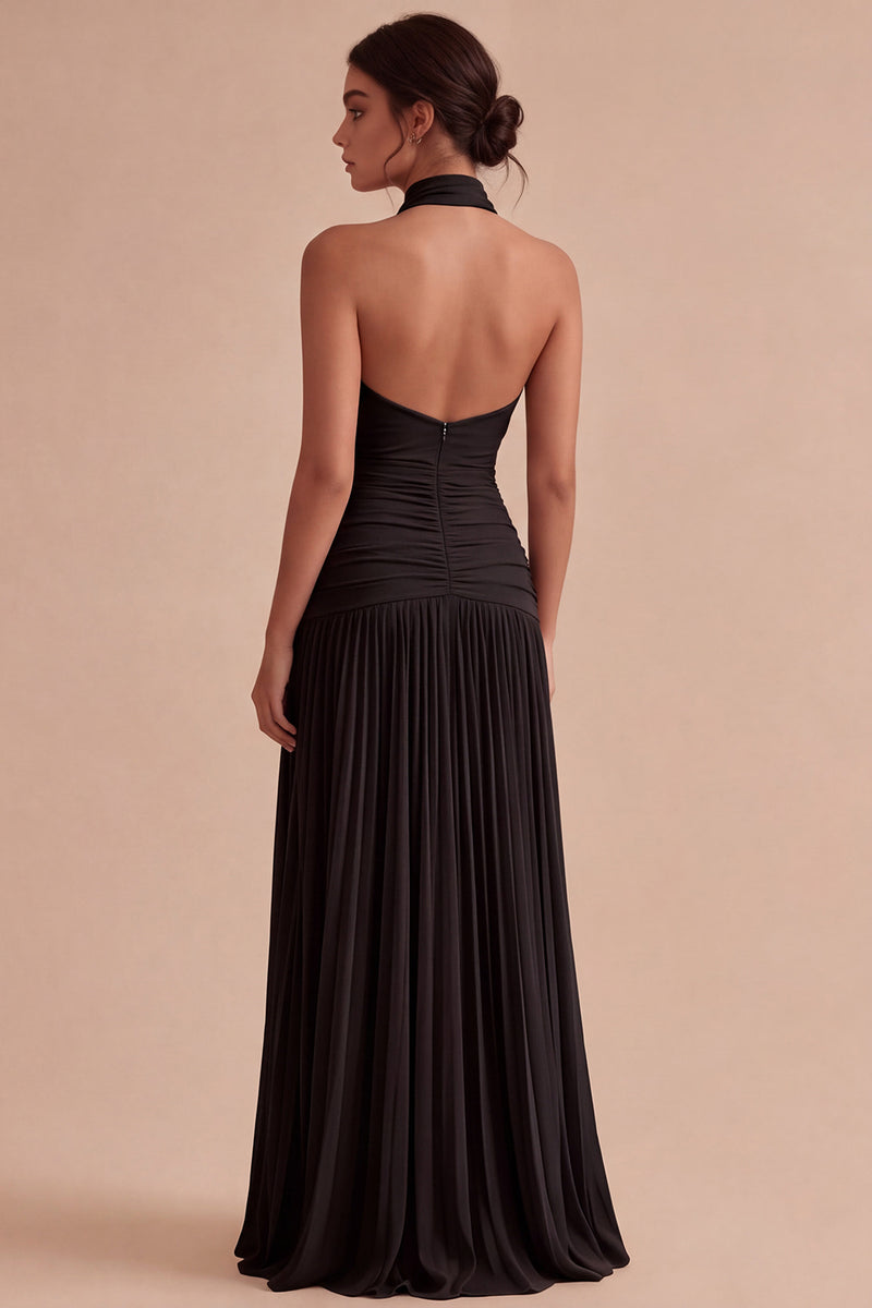 Laden Sie das Bild in den Galerie-Viewer, Dunkles Kaffee Halter Falten Langes A-Linien Rückenloses Festkleid