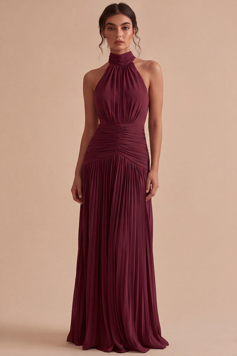 Laden Sie das Bild in den Galerie-Viewer, Dunkles Kaffee Halter Falten Langes A-Linien Rückenloses Festkleid