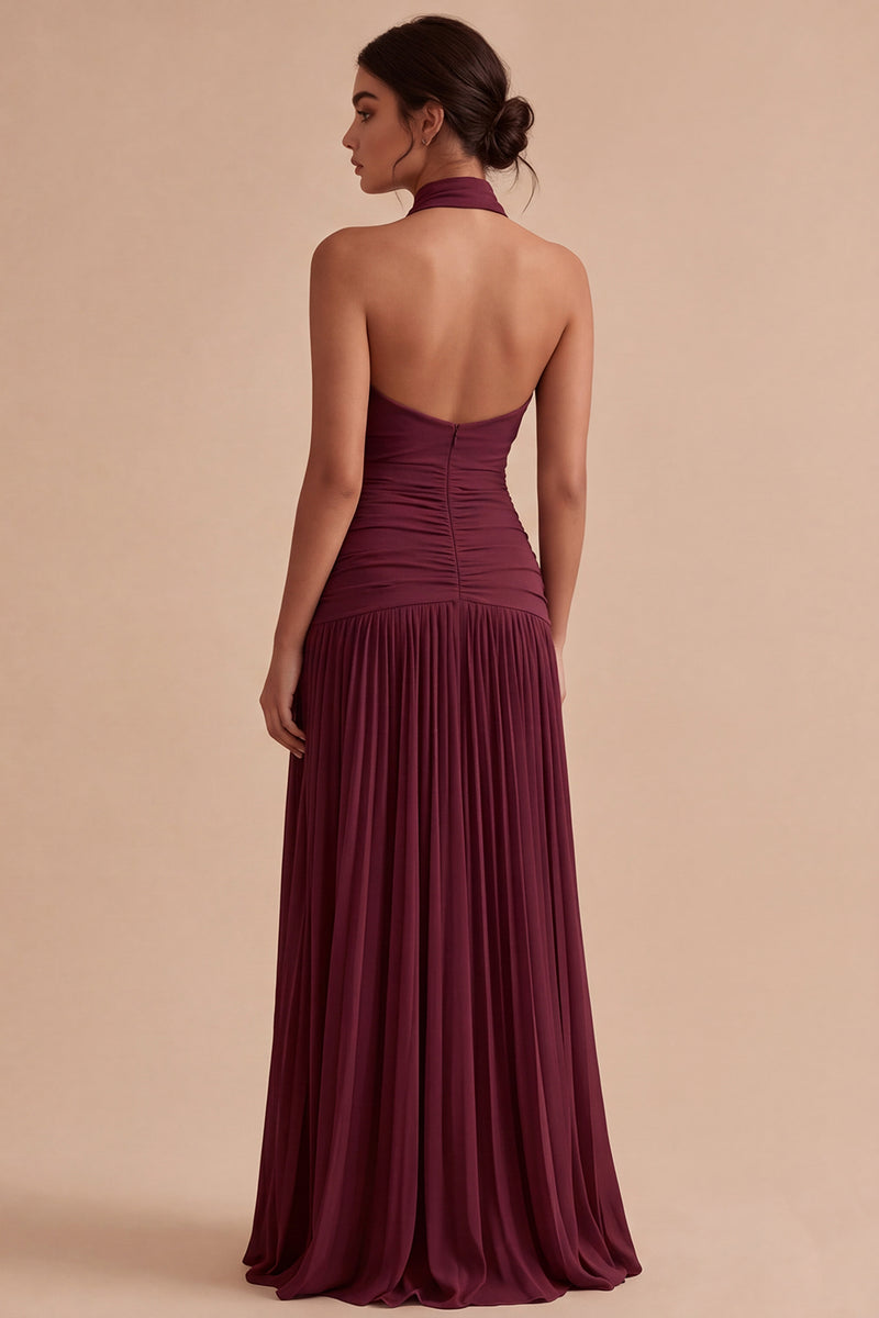 Laden Sie das Bild in den Galerie-Viewer, Dunkles Kaffee Halter Falten Langes A-Linien Rückenloses Festkleid