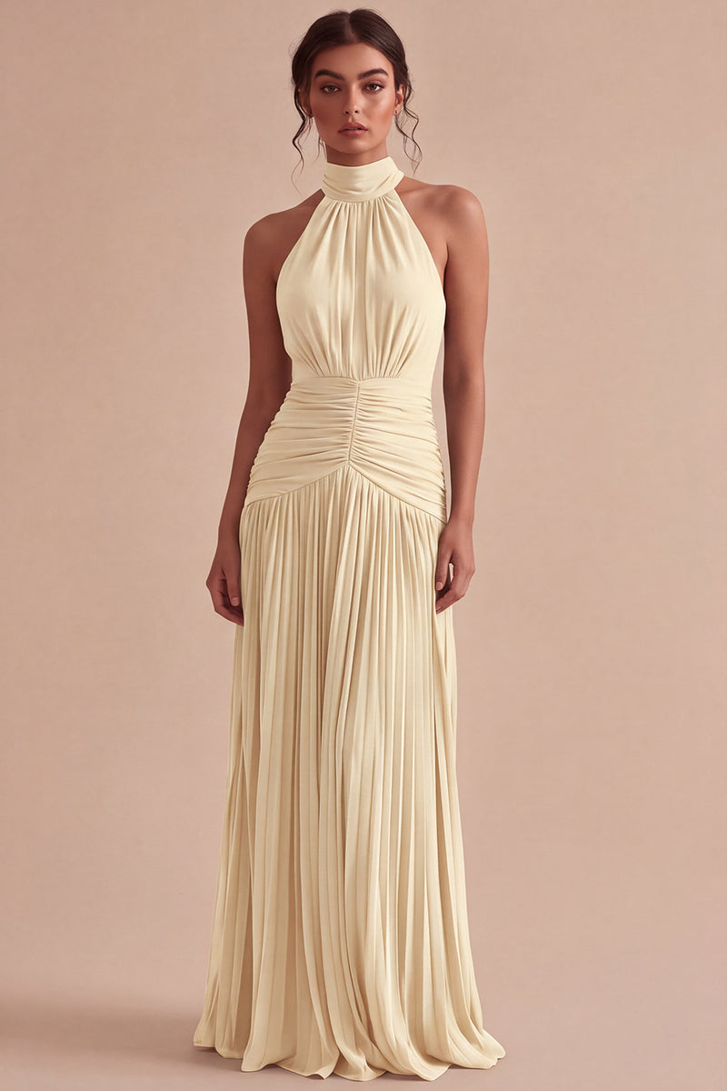 Laden Sie das Bild in den Galerie-Viewer, Dunkles Kaffee Halter Falten Langes A-Linien Rückenloses Festkleid