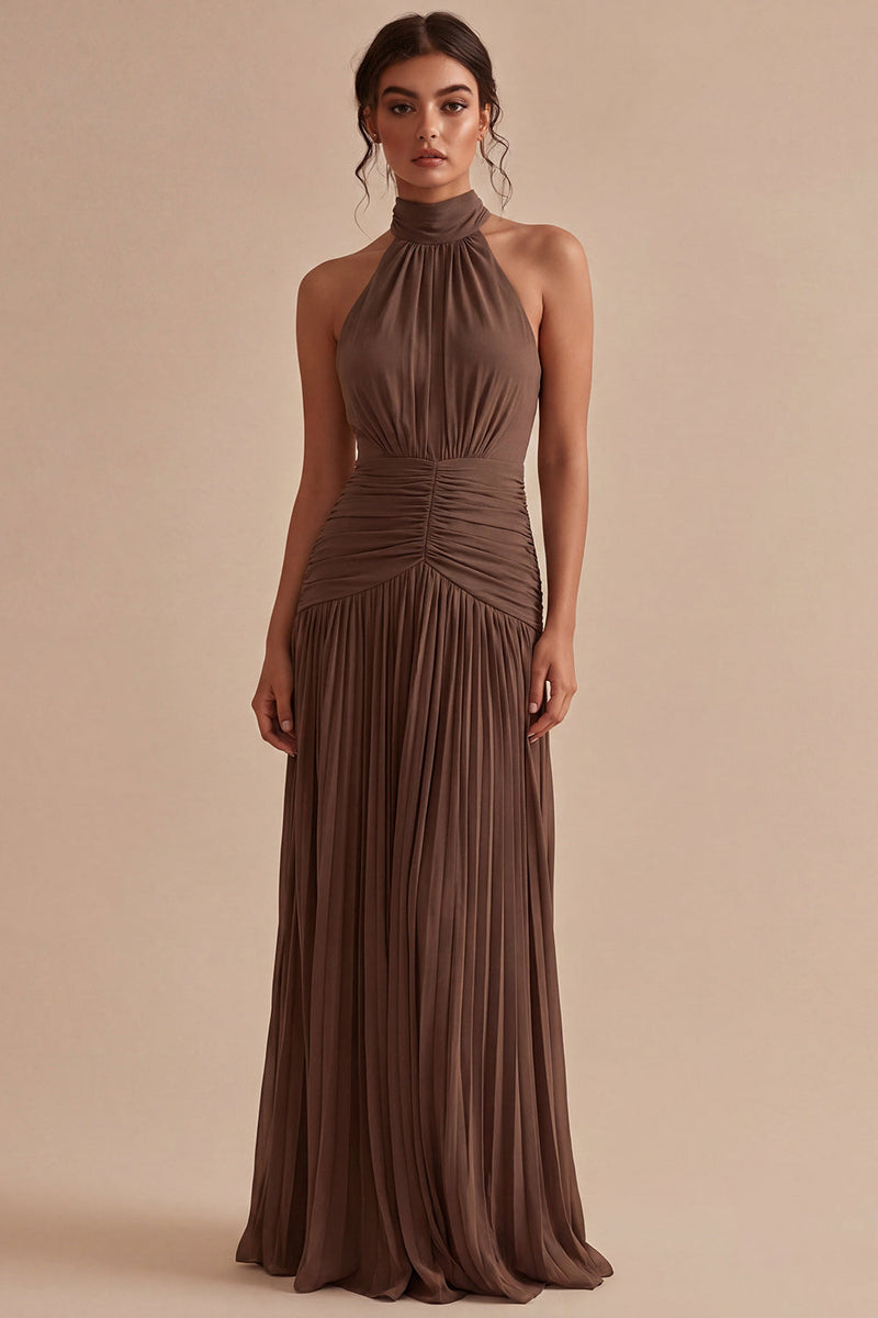 Laden Sie das Bild in den Galerie-Viewer, Dunkles Kaffee-Halter mit Falten auf langen A-Linien Rückenloses Festkleid