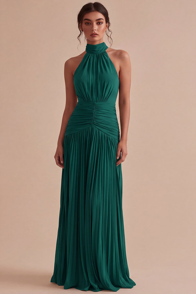 Laden Sie das Bild in den Galerie-Viewer, Dunkles Kaffee Halter Falten Langes A-Linien Rückenloses Festkleid