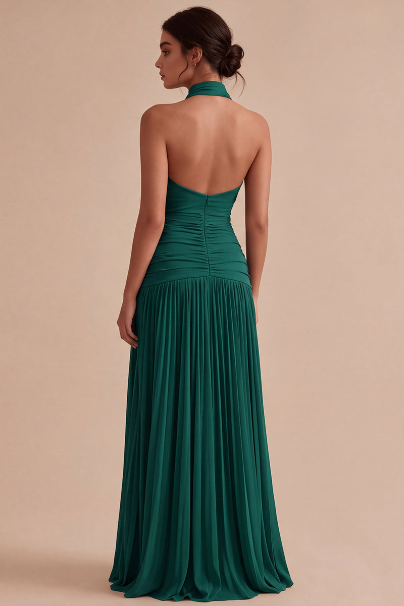 Laden Sie das Bild in den Galerie-Viewer, Dunkles Kaffee Halter Falten Langes A-Linien Rückenloses Festkleid