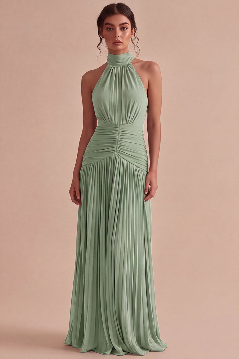 Laden Sie das Bild in den Galerie-Viewer, Dunkles Kaffee Halter Falten Langes A-Linien Rückenloses Festkleid